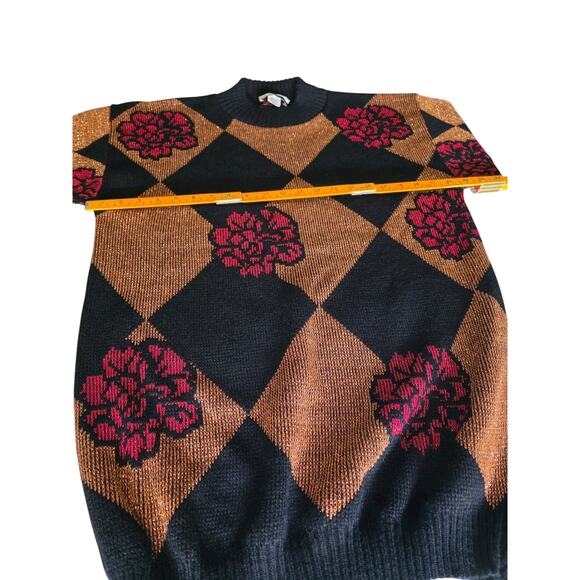 VTG DANA SCOTT Sweater Womens Sz M Red Gold harlequin/floral OVERSIZED pullover - Picture 6 of 7